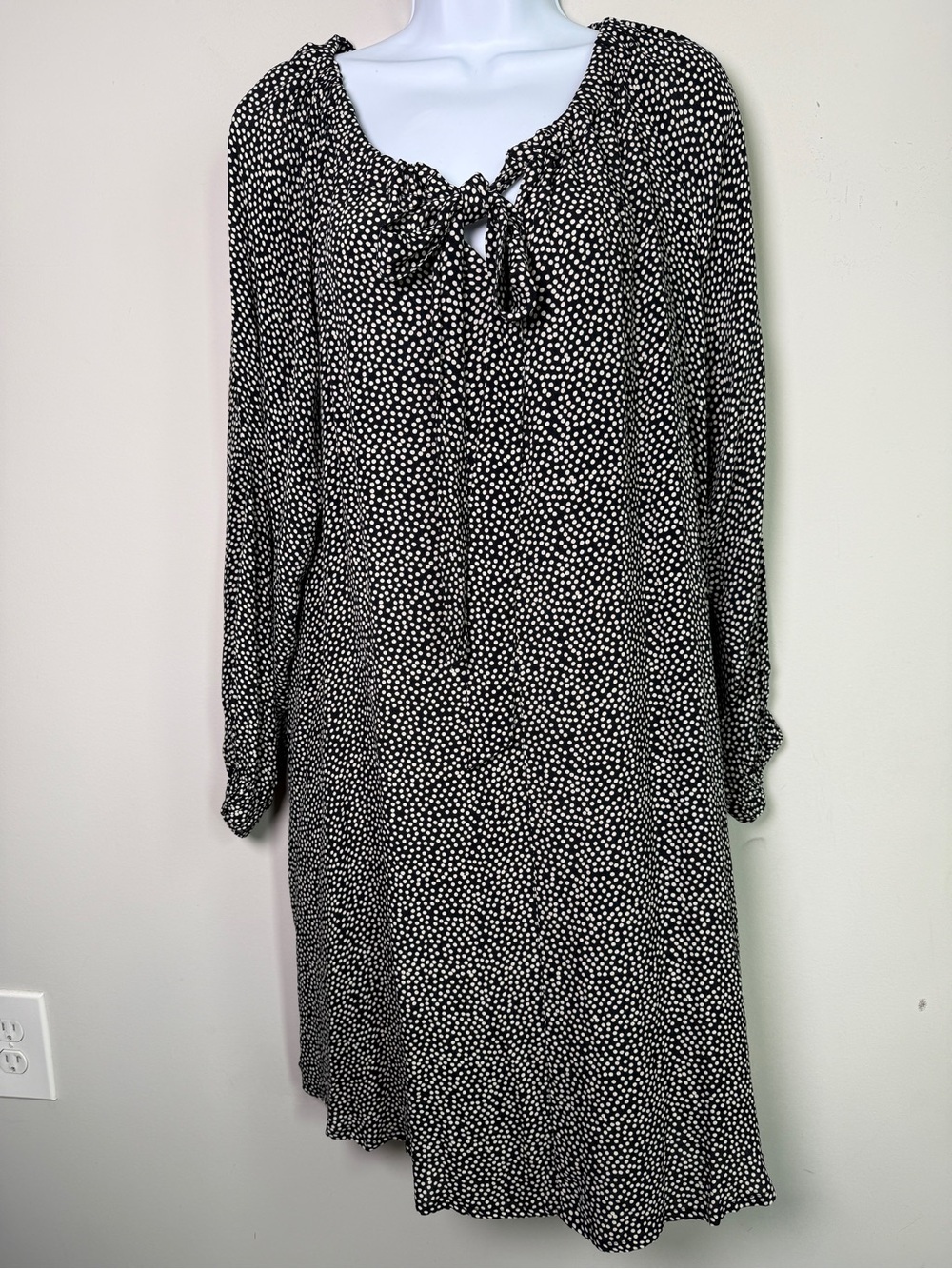 Masai Polka Dot Tie Neck Long Sleeve Dress Black White Sz S